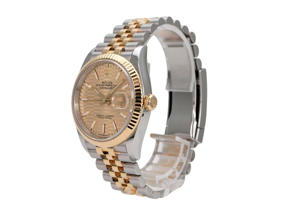 Rolex Datejust 36 126233 Golden Riffel Jubile-Band in Edelstahl und Gelbgold mit geriffeltem Zifferblatt