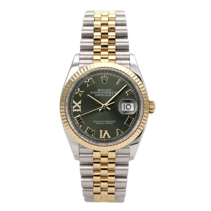 Rolex Datejust 36 126233 Olive R Diamant Jubile-Band mit olivgrünem Zifferblatt und Gelbgold-Oystersteel-Armband