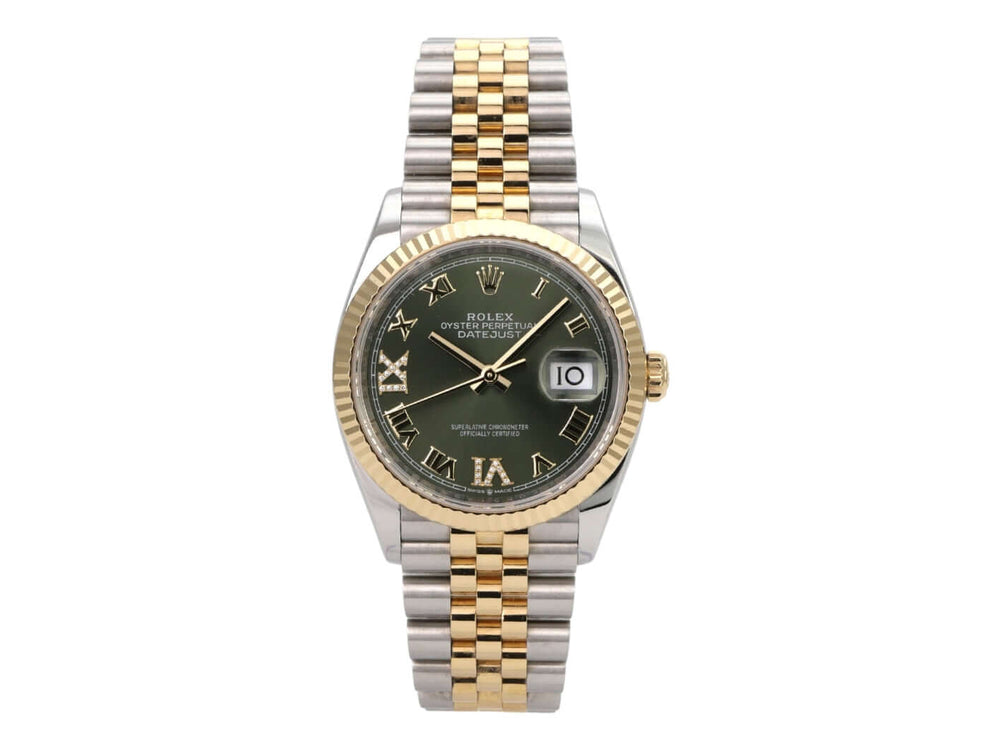 Rolex Datejust 36 126233 Olive R Diamant Jubile-Band mit olivgrünem Zifferblatt und Gelbgold-Oystersteel-Armband