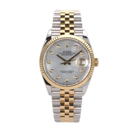 Luxus Rolex Datejust 36 in Edelstahl und Gelbgold mit Perlmutt-Zifferblatt und Diamanten, Jubile-Band.