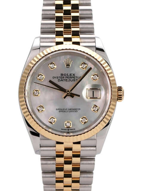 Rolex Datejust 36 in Oystersteel und Gelbgold mit Perlmutt-Diamantzifferblatt und Jubilé-Armband, Ref. 126233.