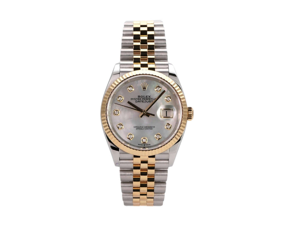 Rolex Datejust 36 in Oystersteel und Gelbgold, Modell 126233, mit Perlmutt-Diamantzifferblatt und Jubile-Armband.