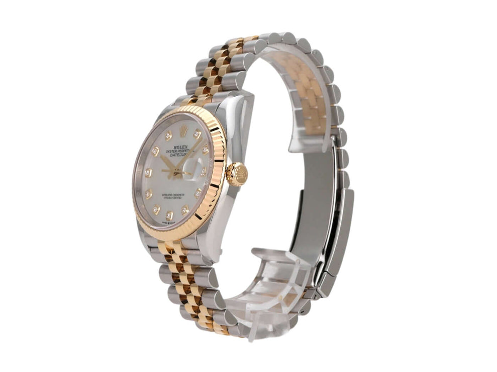 Rolex Datejust 36 in Oystersteel und Gelbgold, Perlmutt-Diamantzifferblatt, Jubilé-Armband