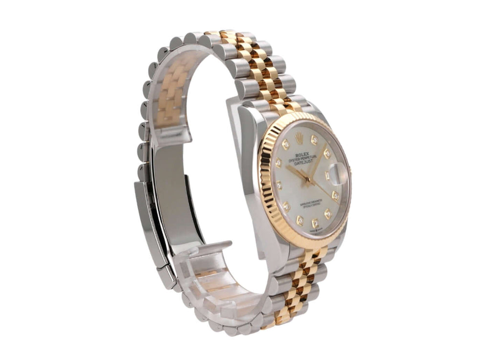 Rolex Datejust 36 aus Oystersteel und Gelbgold, Perlmutt-Zifferblatt mit Diamanten, Jubilé-Armband