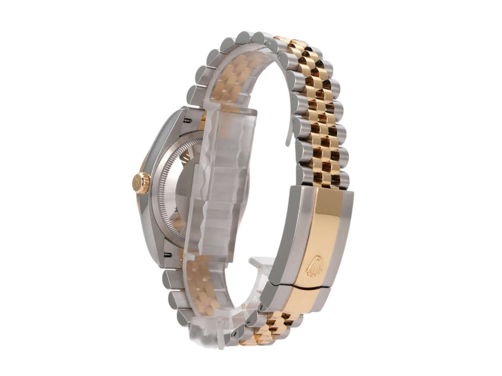Rolex Datejust 36 in Oystersteel und Gelbgold mit jubilee Armband und Faltschließe, elegantes Design, seitliche Ansicht.