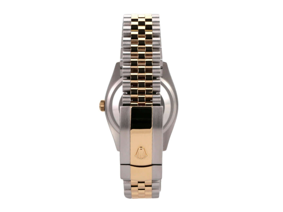 Rolex Datejust 36 Uhr mit Oystersteel und Gelbgold Armband, detailierte Ansicht der Rückseite.