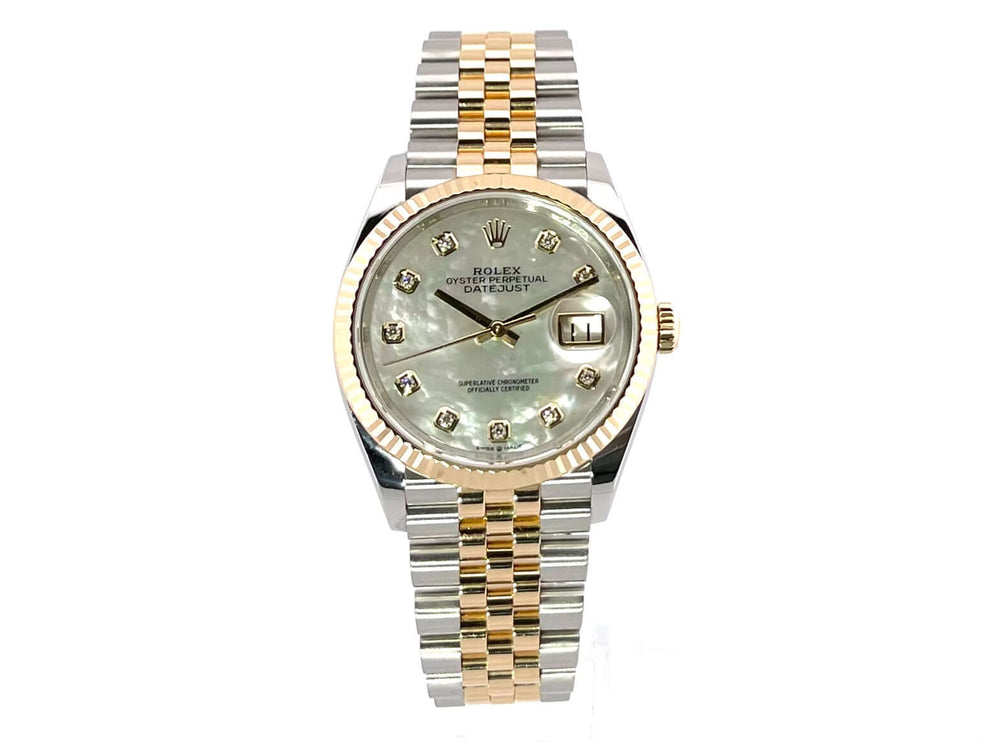 Rolex Datejust 36 126233 Perlmutt Diamant Jubile-Band, Edelstahl und 18 kt Gelbgold, geriffelte Lünette, Automatikuhr, Diamantzifferblatt.