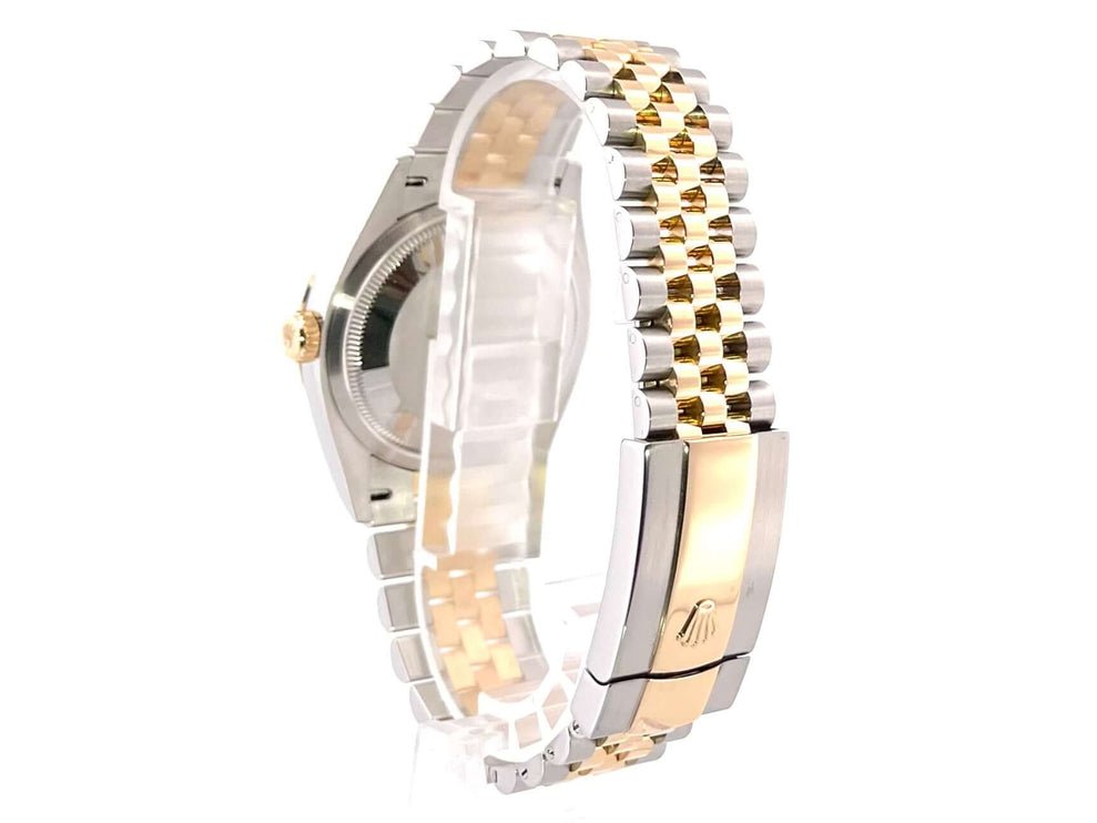 Rolex Datejust 36 Edelstahl Gelbgold Jubilé Armband, Rückseite des Gehäuses und geschlossene Faltschließe.