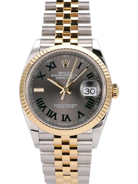 Rolex Datejust 36 in Oystersteel und Gelbgold mit schiefergrauem Zifferblatt und römischen Ziffern.