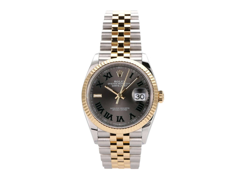 Rolex Datejust 36 Uhr in Oystersteel und Gelbgold mit schiefergrauem Zifferblatt und römischen Ziffern.