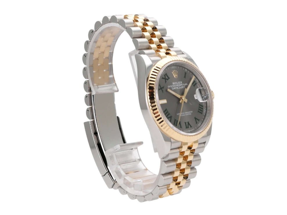 Rolex Datejust 36 in Oystersteel und Gelbgold, schiefergraues Zifferblatt mit römischen Ziffern, Jubilé-Armband.