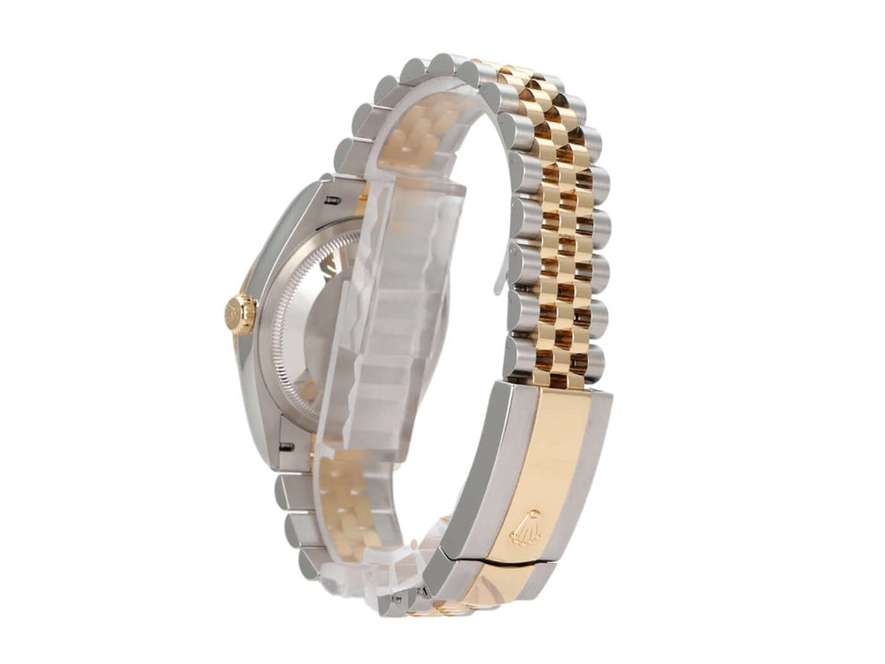 Rolex Datejust 36 mit Jubilé-Armband aus Edelstahl und 18 kt Gelbgold, seitliche Ansicht des Gehäuses.