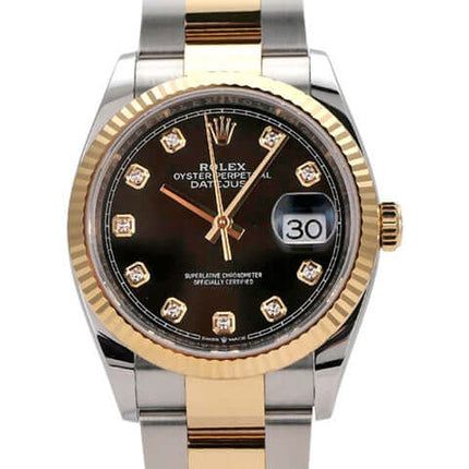 Rolex Datejust 36 in Oystersteel und Gelbgold mit schwarzem Diamantzifferblatt und Datumsanzeige.