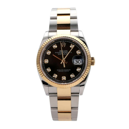 Rolex Datejust 36 Oystersteel Gelbgold 126233 mit schwarzem Diamantzifferblatt und 18 kt Gelbgold Lünette.
