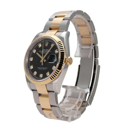 Rolex Datejust 36 in Oystersteel und Gelbgold mit schwarzem Diamantzifferblatt und goldenen Zeigern.