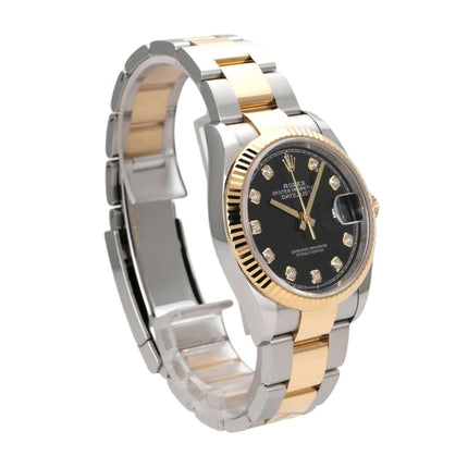 Rolex Datejust 36 in Oystersteel und Gelbgold mit schwarzem Diamantzifferblatt und Goldzeigern.
