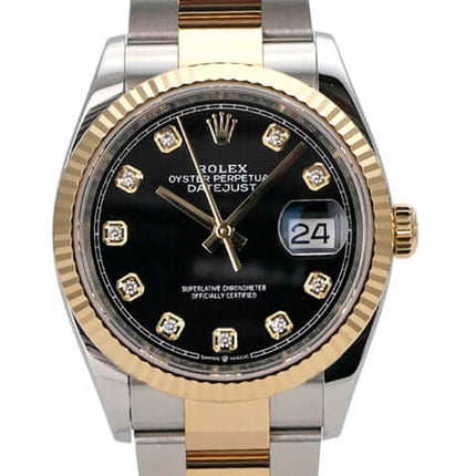 Rolex Datejust 36 Oystersteel Gelbgold 126233 Schwarz Diamant Automatikwerk mit schwarzem Diamantzifferblatt.