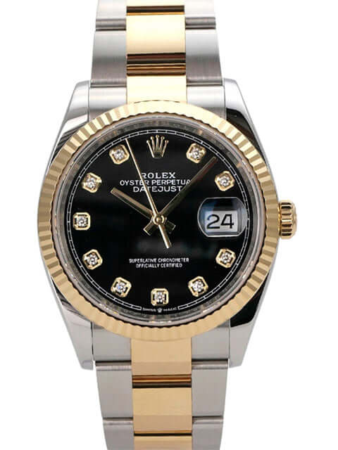 Rolex Datejust 36 Oystersteel Gelbgold 126233 Schwarz Diamant Automatikwerk mit schwarzem Diamantzifferblatt.