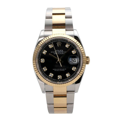 Rolex Datejust 36 Oystersteel Gelbgold 126233 Schwarz Diamant Armbanduhr mit schwarzem Zifferblatt und Diamanten.