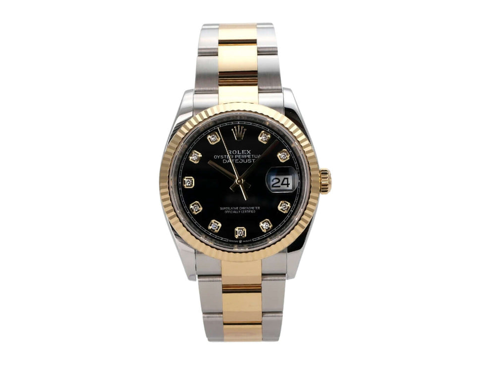 Rolex Datejust 36 Oystersteel Gelbgold 126233 Schwarz Diamant Armbanduhr mit schwarzem Zifferblatt und Diamanten.