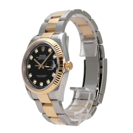 Rolex Datejust 36 Oystersteel Gelbgold 126233 Schwarz Diamant, Uhr mit schwarzem Zifferblatt und Diamanten.