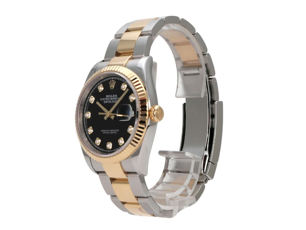 Rolex Datejust 36 Oystersteel Gelbgold 126233 Schwarz Diamant, Uhr mit schwarzem Zifferblatt und Diamanten.