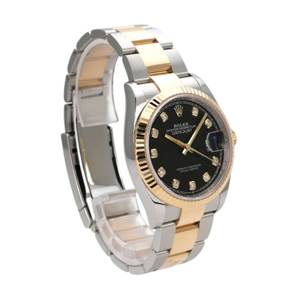 Rolex Datejust 36 Oystersteel Gelbgold 126233 Schwarz Diamant mit schwarzem Zifferblatt und Diamanten.