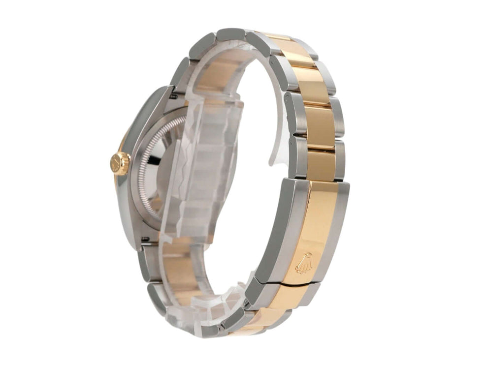 Rolex Datejust 36 Oystersteel Gelbgold 126233 Schwarz Diamant Armbandansicht mit Edelstahl und Gelbgold.