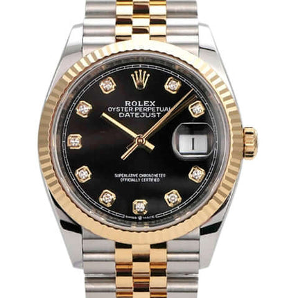 Rolex Datejust 36 Ref. 126233 mit schwarzem Diamantzifferblatt und Jubilé-Armband aus Edelstahl und Gelbgold.