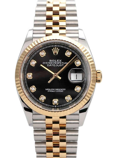 Rolex Datejust 36 Ref. 126233 mit schwarzem Diamantzifferblatt und Jubilé-Armband aus Edelstahl und Gelbgold.