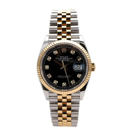 Rolex Datejust 36 Uhr aus Oystersteel und Gelbgold, schwarzes Zifferblatt mit Diamanten, Jubile-Armband