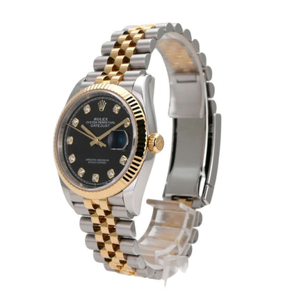 Rolex Datejust 36 in Oystersteel und Gelbgold, schwarzes Diamantzifferblatt, Jubilé-Armband.