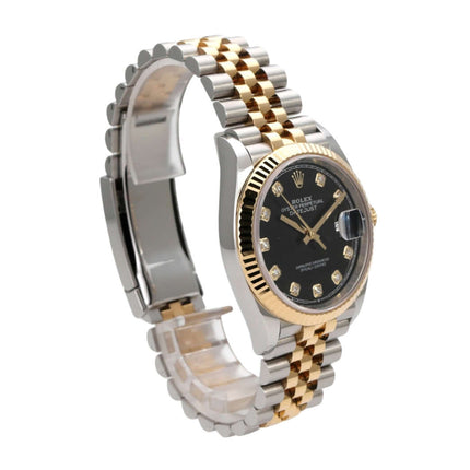 Rolex Datejust 36 aus Oystersteel und Gelbgold, schwarzes Diamantzifferblatt, Jubilé Armband, 126233
