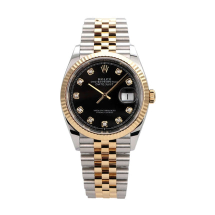 Rolex Datejust 36 Ref. 126233 mit schwarzem Diamantzifferblatt und Jubilé Armband aus Edelstahl und Gelbgold.