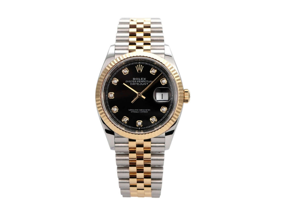 Rolex Datejust 36 Ref. 126233 mit schwarzem Diamantzifferblatt und Jubilé Armband aus Edelstahl und Gelbgold.