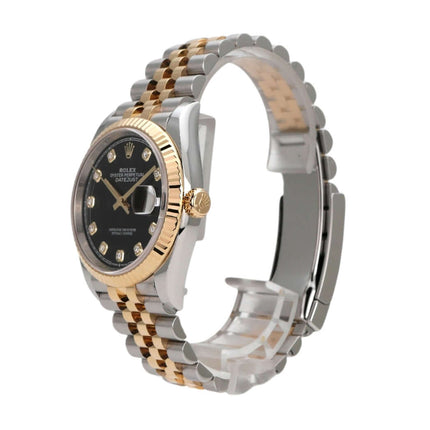 Rolex Datejust 36 Ref. 126233 mit schwarzem Diamantzifferblatt und Jubilé-Armband aus Edelstahl und Gelbgold.