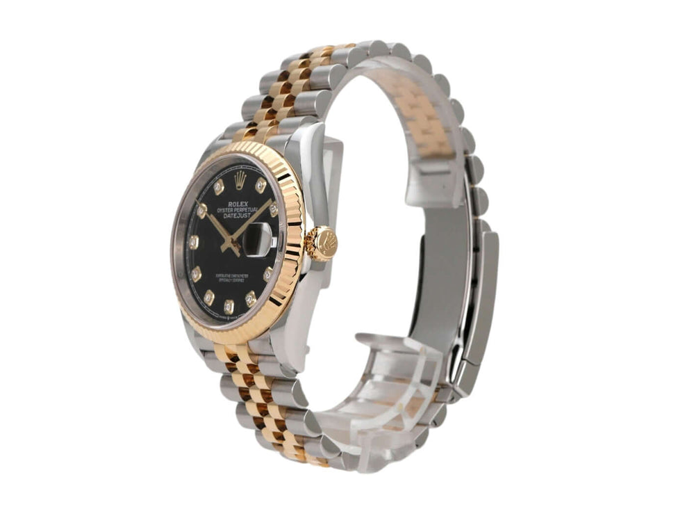 Rolex Datejust 36 Ref. 126233 mit schwarzem Diamantzifferblatt und Jubilé-Armband aus Edelstahl und Gelbgold.