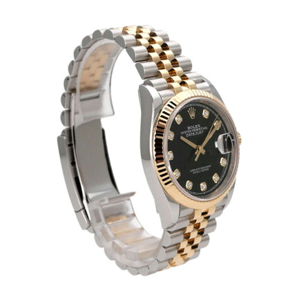 Rolex Datejust 36 Ref. 126233 mit schwarzem Diamantzifferblatt und Jubilé-Armband aus Edelstahl und Gelbgold.