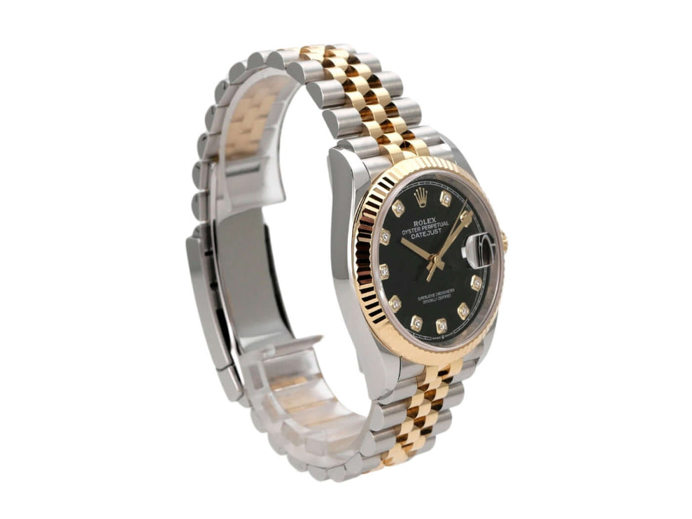 Rolex Datejust 36 Ref. 126233 mit schwarzem Diamantzifferblatt und Jubilé-Armband aus Edelstahl und Gelbgold.
