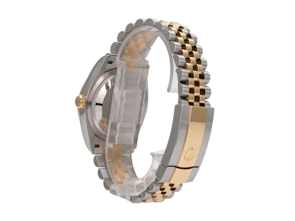 Rolex Datejust 36 Uhr mit Schwarzem Diamantzifferblatt und Jubile-Band aus Edelstahl und Gelbgold.