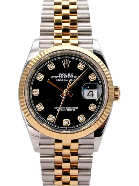 Rolex Datejust 36 126233 Schwarz Diamant Jubile-Band Uhrenansicht mit schwarzem Zifferblatt und bicolor Armband.