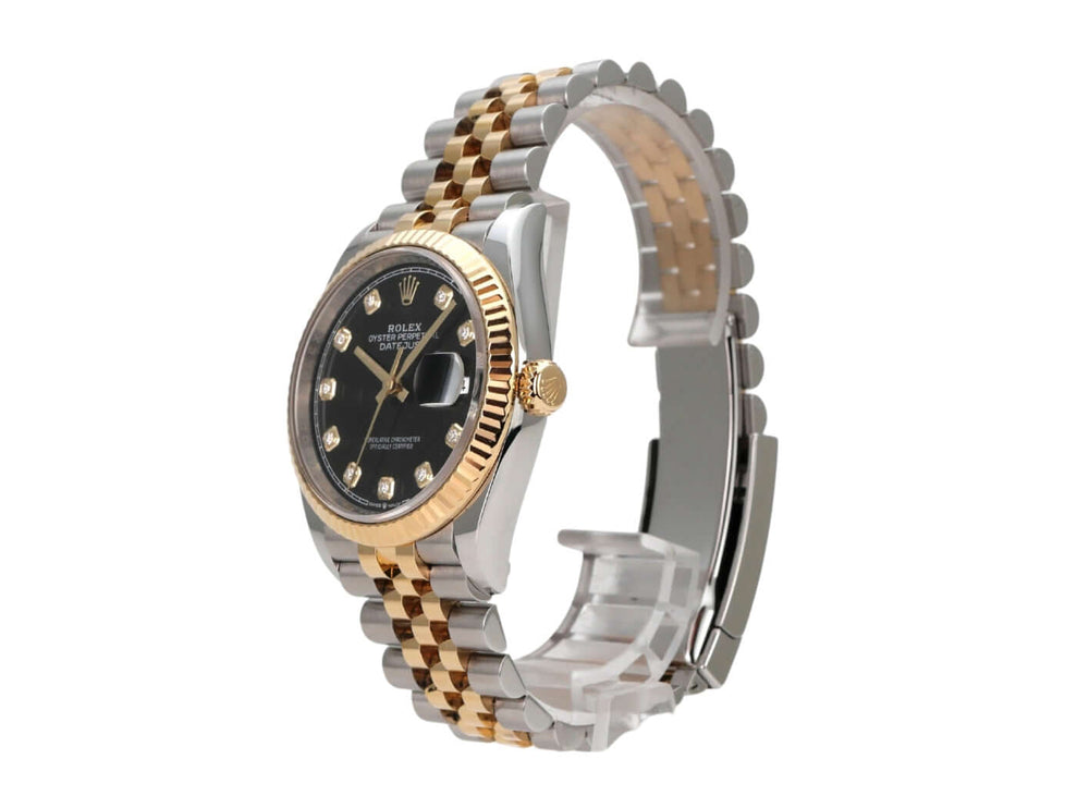 Rolex Datejust 36 126233 Schwarz Diamant Jubile-Band mit Edelstahl und Gelbgold Armband.
