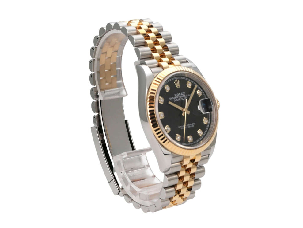 Rolex Datejust 36 126233 Schwarz Diamant Jubile-Band mit Edelstahl- und Gelbgoldarmband.