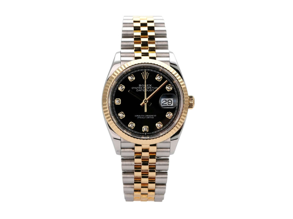 Rolex Datejust 36 126233 Schwarz Diamant Jubile-Band mit schwarzem Zifferblatt und Gelbgold-Lünette.