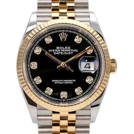 Rolex Datejust 36 126233 Schwarz Diamant Jubile-Band mit Edelstahl und Gelbgold, schwarzes Zifferblatt und Jubilé-Armband.