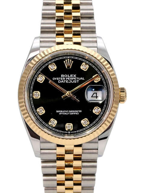 Rolex Datejust 36 126233 Schwarz Diamant Jubile-Band mit Edelstahl und Gelbgold, schwarzes Zifferblatt und Jubilé-Armband.