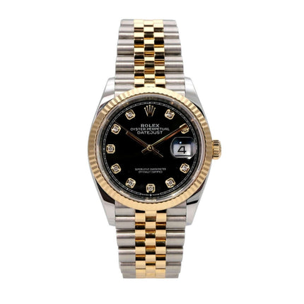 Rolex Datejust 36 126233 Schwarz Diamant Jubile-Band mit schwarzem Diamantzifferblatt und Jubilé-Armband.