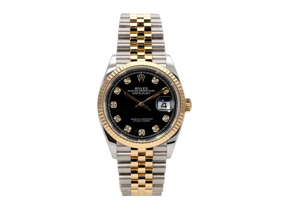Rolex Datejust 36 126233 Schwarz Diamant Jubile-Band mit schwarzem Diamantzifferblatt und Jubilé-Armband.