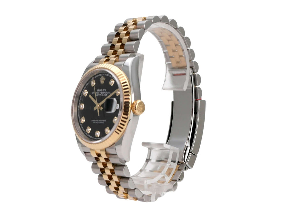 Rolex Datejust 36 126233 Schwarz Diamant Jubile-Band Uhr mit Edelstahluhrgehäuse und Gelbgoldband