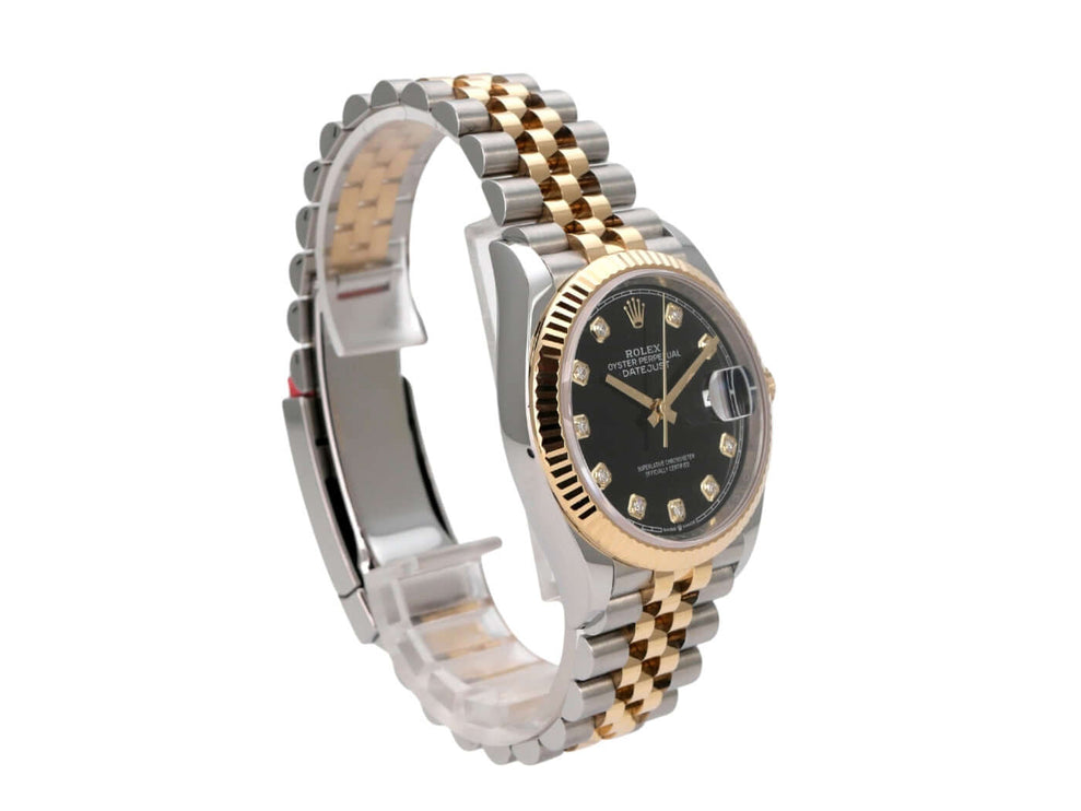 Rolex Datejust 36 126233 Schwarz Diamant Jubile-Band mit schwarzem Diamantzifferblatt und Jubilé-Armband.